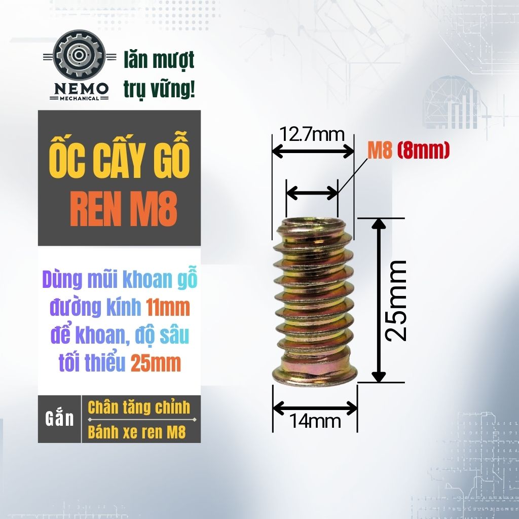Pas Đồng Tiền & Ốc Cấy Gỗ M8/M10 – Giải Pháp Lắp Bánh Xe & Chân Tăng Chỉnh Cho Đồ Gỗ